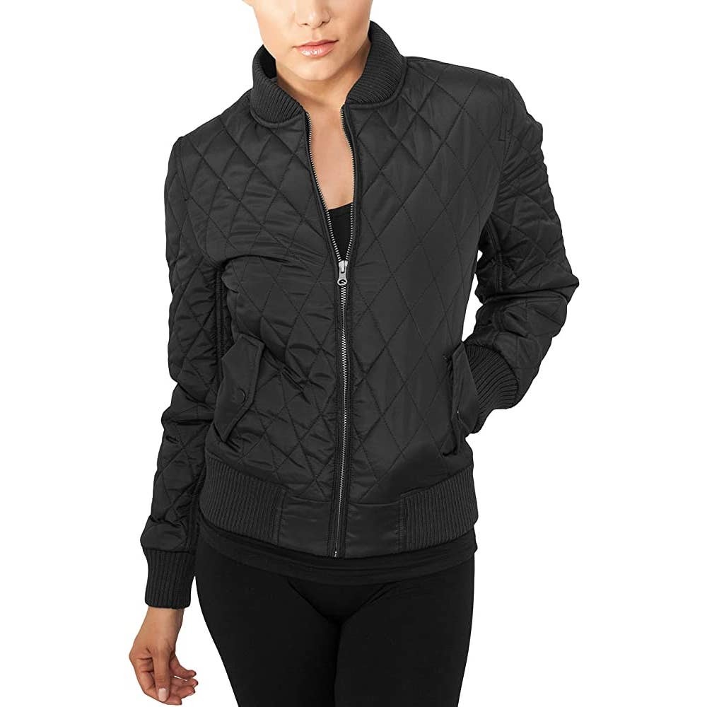 URBAN CLASSICS Black Diamond Quilt Full Zip Bomber Jacket NEW Sz M